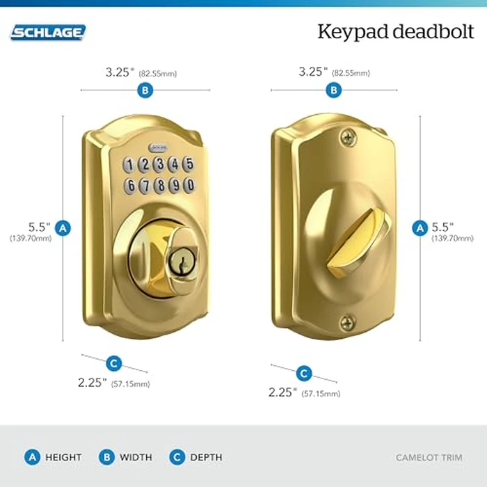 Schlage Camelot Electronic Keypad Deadbolt Lock, Keyless Front Door Entry, Mechanical Key Backup Included, Bright Brass, BE365 CAM 505 by SCHLAGE - Image 3