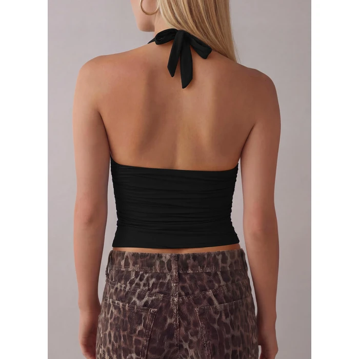 Darong Women Halter Neck Tank Top Sexy Deep V Neck Tie Back Backless Camisole Y2k Slim Fit Sleeveless Crop Top Streetwear 9237 Black L by Darong - Image 2