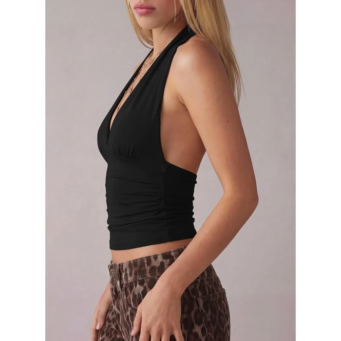 Darong Women Halter Neck Tank Top Sexy Deep V Neck Tie Back Backless Camisole Y2k Slim Fit Sleeveless Crop Top Streetwear 9237 Black L by Darong - Image 3
