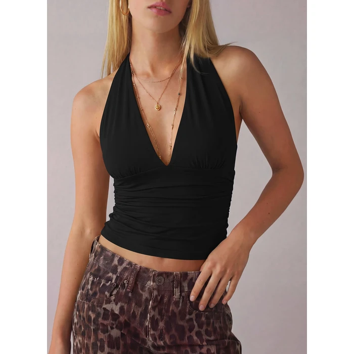 Darong Women Halter Neck Tank Top Sexy Deep V Neck Tie Back Backless Camisole Y2k Slim Fit Sleeveless Crop Top Streetwear 9237 Black L by Darong - Image 4
