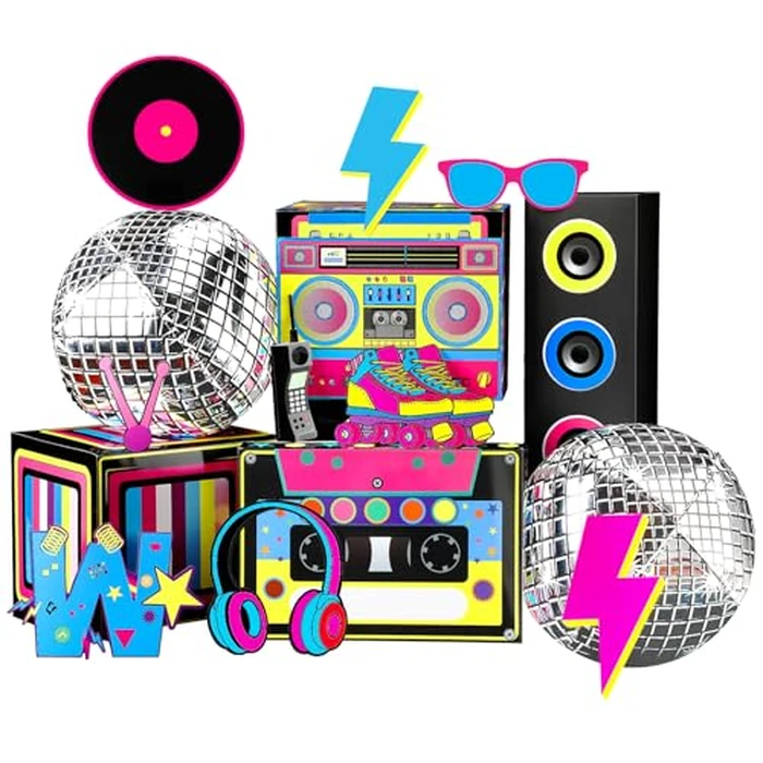 Saypacck 14 Pcs 80s 90s Party Decorations Hip Hop Favor Set Large Paper Boombox Boxes Novelty Treat Boxes Boom Cassette for Retro 1980s 1990s Theme Birthday Neon Disco Music Party Supplies by Saypacck - Used - Like New condition - US$28.49