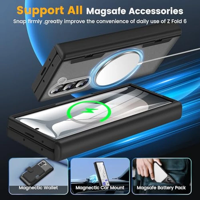 Caka for Samsung Galaxy Z Fold 6 Case [Compatible with Magsafe] [Hinge Protection] [Built-in HD Screen Protector] Translucent Hard Shockproof Magnet Phone Cover for Fold6 - Black by Caka - Image 4