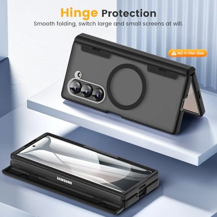 Caka for Samsung Galaxy Z Fold 6 Case [Compatible with Magsafe] [Hinge Protection] [Built-in HD Screen Protector] Translucent Hard Shockproof Magnet Phone Cover for Fold6 - Black by Caka - Image 6