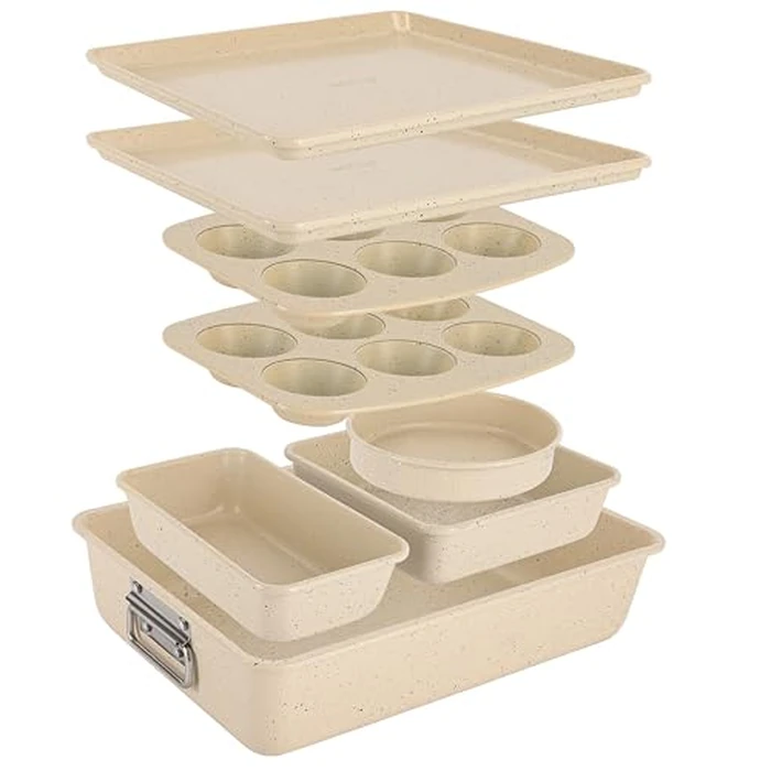 NutriChef 8-Piece Stackable Bakeware Set - Carbon Steel Non-Stick Baking Pan Set, Sheet, Muffin, Round, Loaf, Square Cake & Deep Pans, 450 degreesF Heat Resistant, Standard & Convection Ovens (Marble Cream) by Nutrichef - Used - Like New condition