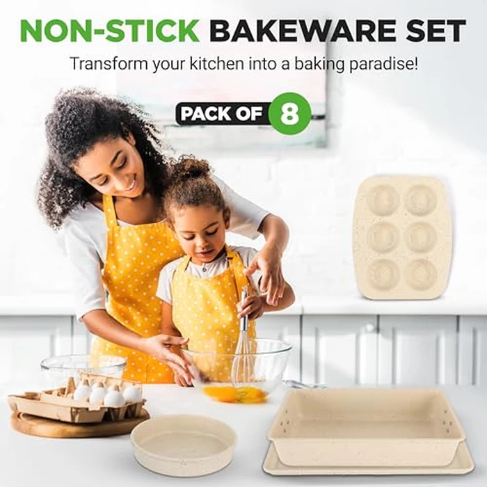 NutriChef 8-Piece Stackable Bakeware Set - Carbon Steel Non-Stick Baking Pan Set, Sheet, Muffin, Round, Loaf, Square Cake & Deep Pans, 450 degreesF Heat Resistant, Standard & Convection Ovens (Marble Cream) by Nutrichef - Image 2