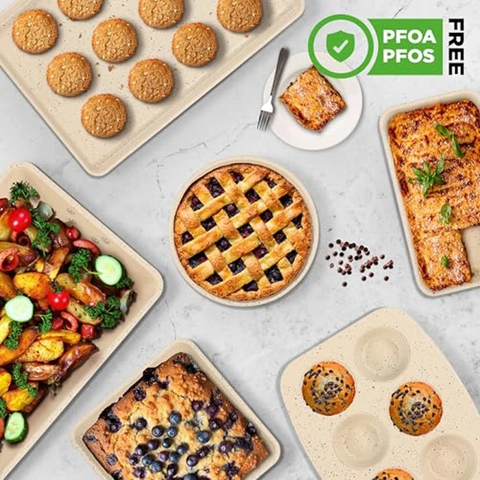NutriChef 8-Piece Stackable Bakeware Set - Carbon Steel Non-Stick Baking Pan Set, Sheet, Muffin, Round, Loaf, Square Cake & Deep Pans, 450 degreesF Heat Resistant, Standard & Convection Ovens (Marble Cream) by Nutrichef - Image 4