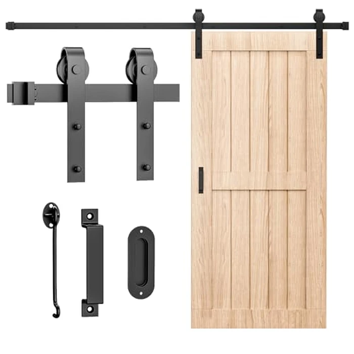Signstek 8 FT Black Steel Slide Sliding Barn Door Hardware Kit, Rustic Style Sliding Door Hardware with Handles/Latch Antique Indoor Decoration for Kitchen, Bedroom, Barns, Garages (J Shape) by Signstek - Used - Acceptable condition - CA$49.12