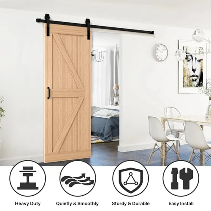 Signstek 8 FT Black Steel Slide Sliding Barn Door Hardware Kit, Rustic Style Sliding Door Hardware with Handles/Latch Antique Indoor Decoration for Kitchen, Bedroom, Barns, Garages (J Shape) by Signstek - Image 4