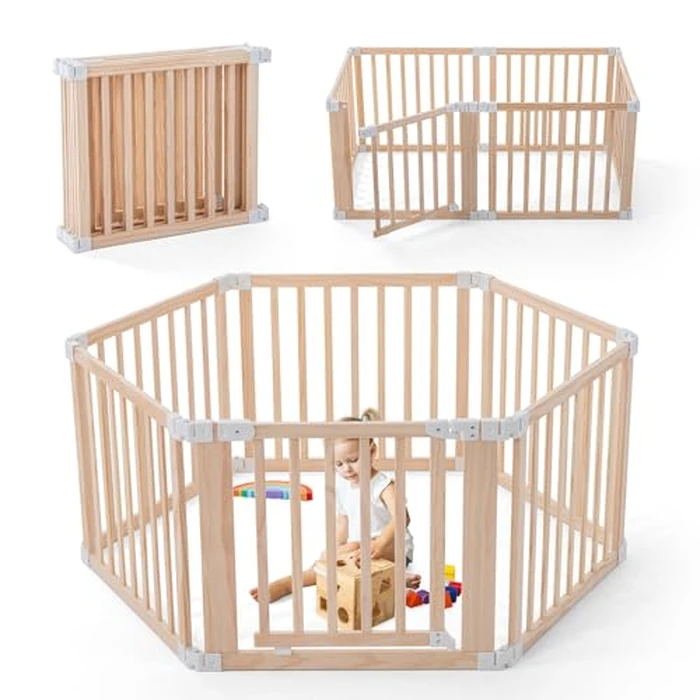 Gewitt Foldable Wooden Playpen, Large Baby Wood Playpen with Locking Gate for Babies and Toddler 1-3 Year, Portable Play Yard for Activity Center Indoor Outdoor (Wood, 6 Panel) by Gewitt - Image 1