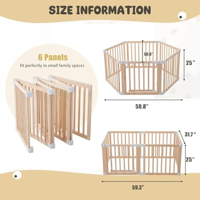 Gewitt Foldable Wooden Playpen, Large Baby Wood Playpen with Locking Gate for Babies and Toddler 1-3 Year, Portable Play Yard for Activity Center Indoor Outdoor (Wood, 6 Panel) by Gewitt - Image 2