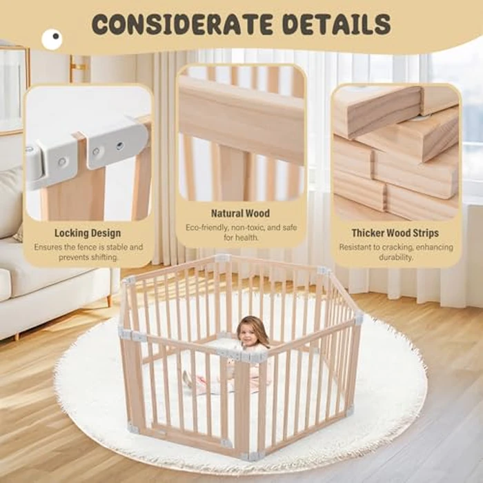Gewitt Foldable Wooden Playpen, Large Baby Wood Playpen with Locking Gate for Babies and Toddler 1-3 Year, Portable Play Yard for Activity Center Indoor Outdoor (Wood, 6 Panel) by Gewitt - Image 3