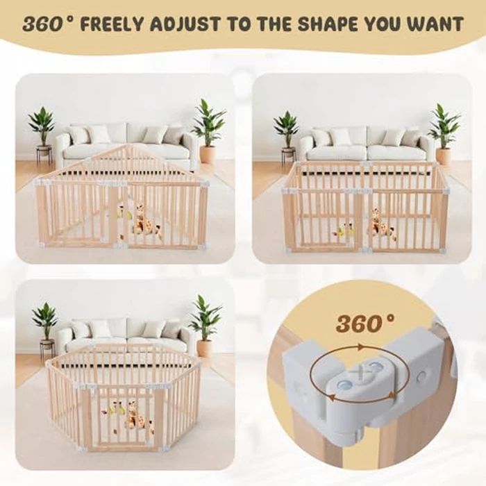 Gewitt Foldable Wooden Playpen, Large Baby Wood Playpen with Locking Gate for Babies and Toddler 1-3 Year, Portable Play Yard for Activity Center Indoor Outdoor (Wood, 6 Panel) by Gewitt - Image 4