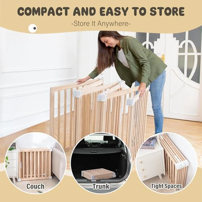 Gewitt Foldable Wooden Playpen, Large Baby Wood Playpen with Locking Gate for Babies and Toddler 1-3 Year, Portable Play Yard for Activity Center Indoor Outdoor (Wood, 6 Panel) by Gewitt - Image 5