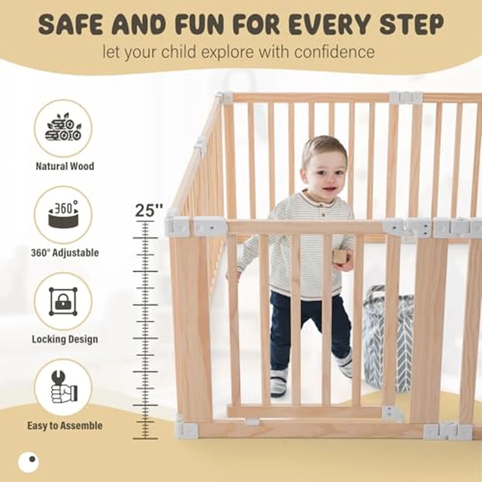 Gewitt Foldable Wooden Playpen, Large Baby Wood Playpen with Locking Gate for Babies and Toddler 1-3 Year, Portable Play Yard for Activity Center Indoor Outdoor (Wood, 6 Panel) by Gewitt - Image 6