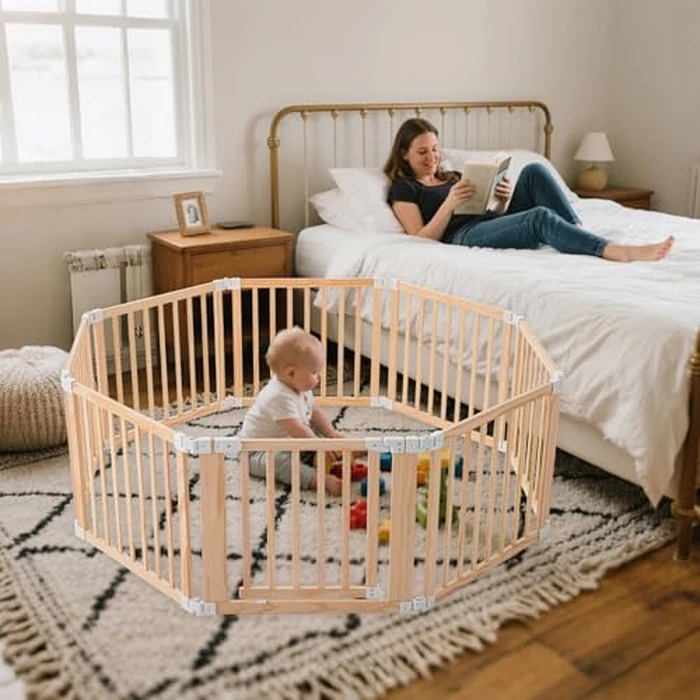 Gewitt Foldable Wooden Playpen, Large Baby Wood Playpen with Locking Gate for Babies and Toddler 1-3 Year, Portable Play Yard for Activity Center Indoor Outdoor (Wood, 6 Panel) by Gewitt - Image 7