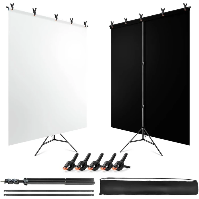 Black White Backdrop with Stand Kit for Photoshoot Video Studio Recording 5X6.5ft, Black White Photo Backdrop Curtain Background with T Shape Stand and 5 Spring Clamp for Photography Party Headshot by JEBUTU - Used - Acceptable condition - CA$47.67