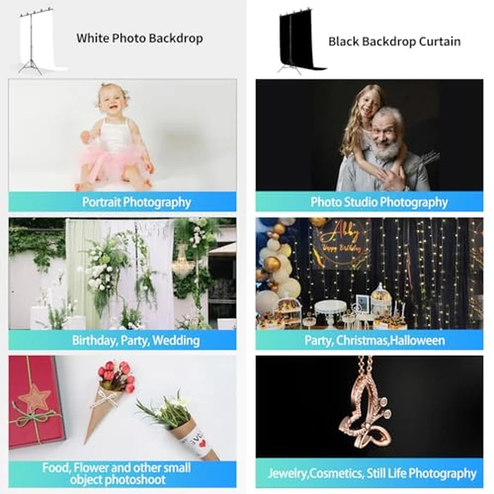 Black White Backdrop with Stand Kit for Photoshoot Video Studio Recording 5X6.5ft, Black White Photo Backdrop Curtain Background with T Shape Stand and 5 Spring Clamp for Photography Party Headshot by JEBUTU - Image 2