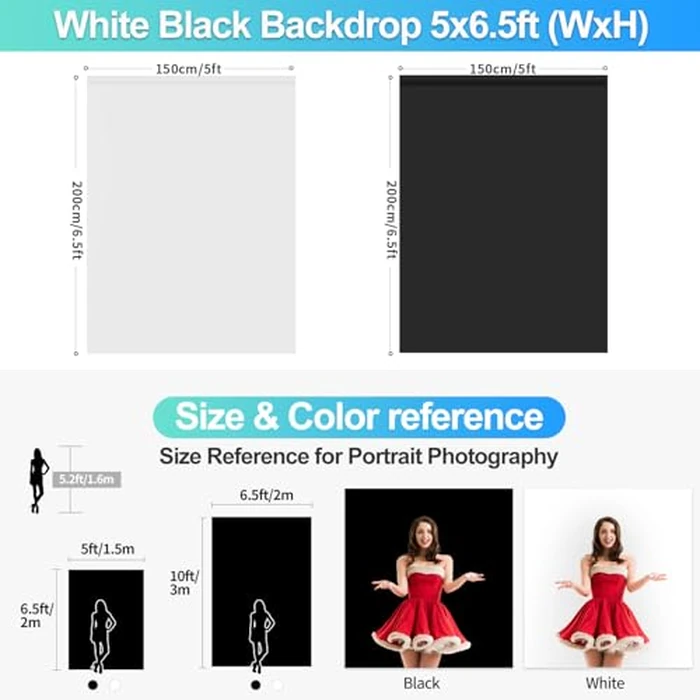 Black White Backdrop with Stand Kit for Photoshoot Video Studio Recording 5X6.5ft, Black White Photo Backdrop Curtain Background with T Shape Stand and 5 Spring Clamp for Photography Party Headshot by JEBUTU - Image 5