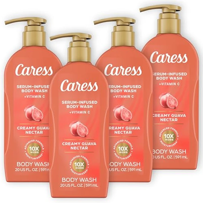 Caress Creamy Guava Nectar Moisturizing Body Wash with Pump, Serum-Infused Formula with Vitamin C, Fruity Citrus Woody Long Lasting Fragrance, Dermatologist Tested, 20 fl oz (4 Pack) by Caress - Used - Very Good condition