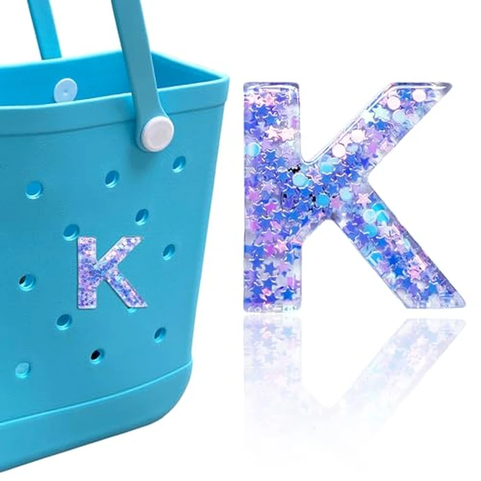 HLUWA Letter Charms for Bogg Bag, Alphabet Purple Star Sequin Lettering Accessories Charms for Bogg Bag and Simply Southern Bag, Insert Decorative Letter Charms for Handbag Beach Tote Bag. (K) by HLUWA - Used - Very Good condition - US$6.11