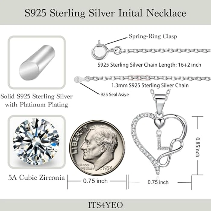 ITS4YEO Valentines Day Gifts for Women Hers, Dainty 925 Sterling Silver Infinity Heart Initial Necklace, Letter A-Z Zircon Pendant, Jewelry Gift for Wife(L) by ITS4YEO - Used - Like New condition - US$19.81