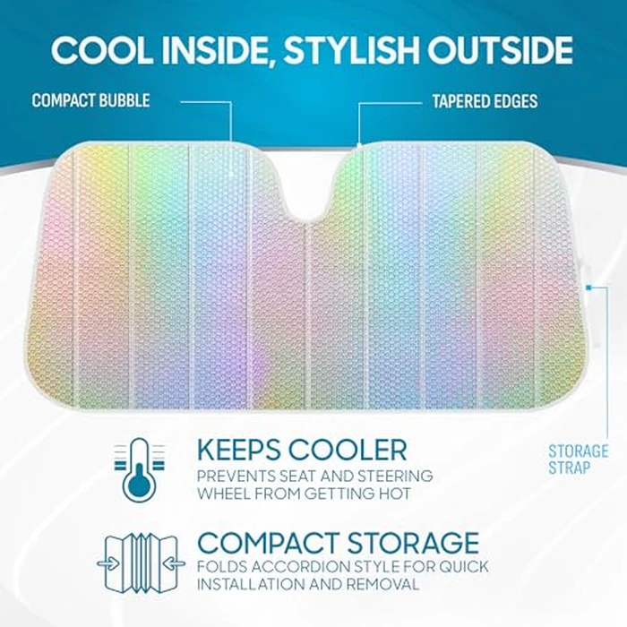 BDK Iridescent Mermaid, Hologram Foil, Chameleon Front Windshield Sun Shade, Double Bubble Accordion Folding Auto Sunshade for Car Truck SUV 58 x 27 Inch by BDK - Image 2