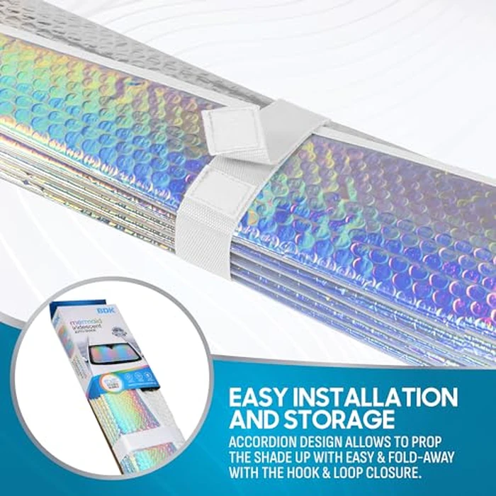 BDK Iridescent Mermaid, Hologram Foil, Chameleon Front Windshield Sun Shade, Double Bubble Accordion Folding Auto Sunshade for Car Truck SUV 58 x 27 Inch by BDK - Image 4