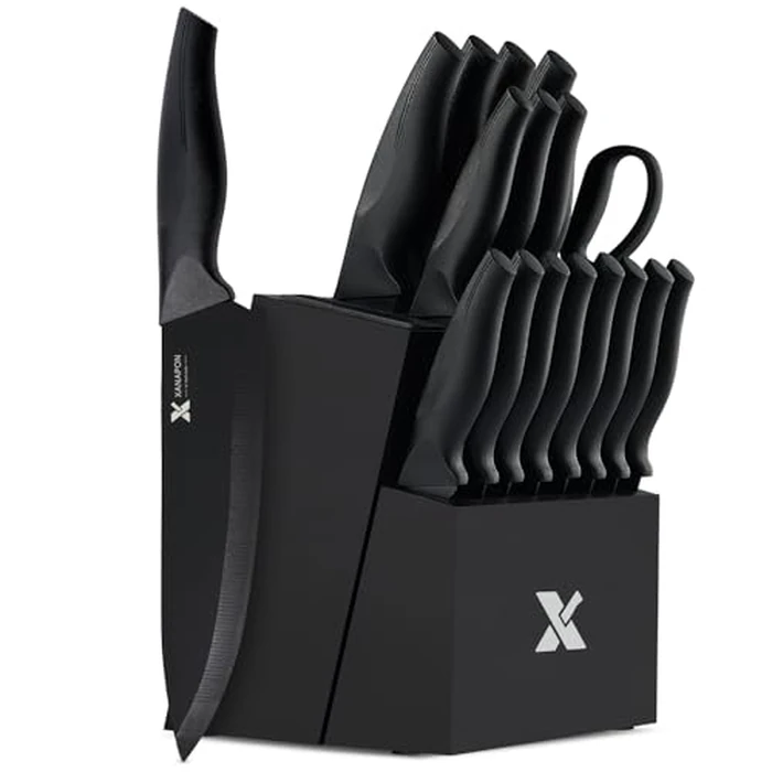 XANAPON 19-Piece Black Kitchen Knife Set with Block and Built-in Sharpener, High Carbon Stainless Steel Chef Knives Set for Kitchen with 8 Steak Knives, Ergonomic Handles, Perfect Housewarming Gift by XANAPON - Used - Very Good condition