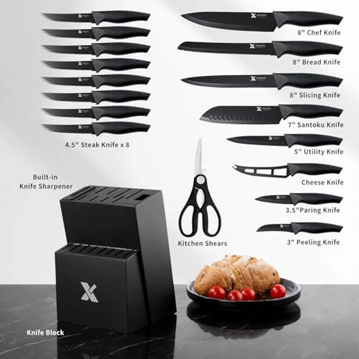 XANAPON 19-Piece Black Kitchen Knife Set with Block and Built-in Sharpener, High Carbon Stainless Steel Chef Knives Set for Kitchen with 8 Steak Knives, Ergonomic Handles, Perfect Housewarming Gift by XANAPON - Image 6