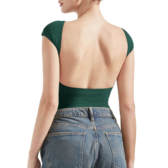 SUUKSESS Women Backless Sexy Going Out Crop Tops Double Lined Open Back Y2k Basic Tee Shirts (Dark Green, L) by SUUKSESS - Image 1