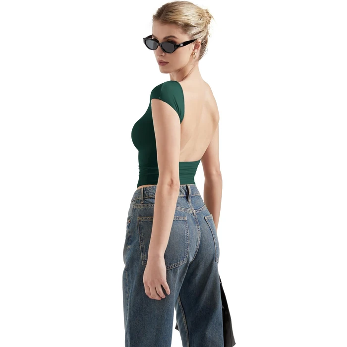 SUUKSESS Women Backless Sexy Going Out Crop Tops Double Lined Open Back Y2k Basic Tee Shirts (Dark Green, L) by SUUKSESS - Image 2