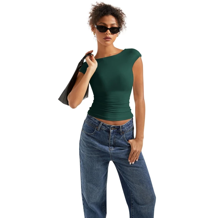 SUUKSESS Women Backless Sexy Going Out Crop Tops Double Lined Open Back Y2k Basic Tee Shirts (Dark Green, L) by SUUKSESS - Image 6