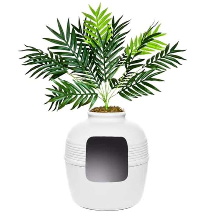 Good Pet Stuff Hidden Litter Box Planter, Original Round Indoor Style, Decorative Cat Litter Enclosure with Carbon Filter, Improved Design, Base Kit, Palm Plant, Classic White by Good Pet Stuff - Used - Acceptable condition - CA$61.22