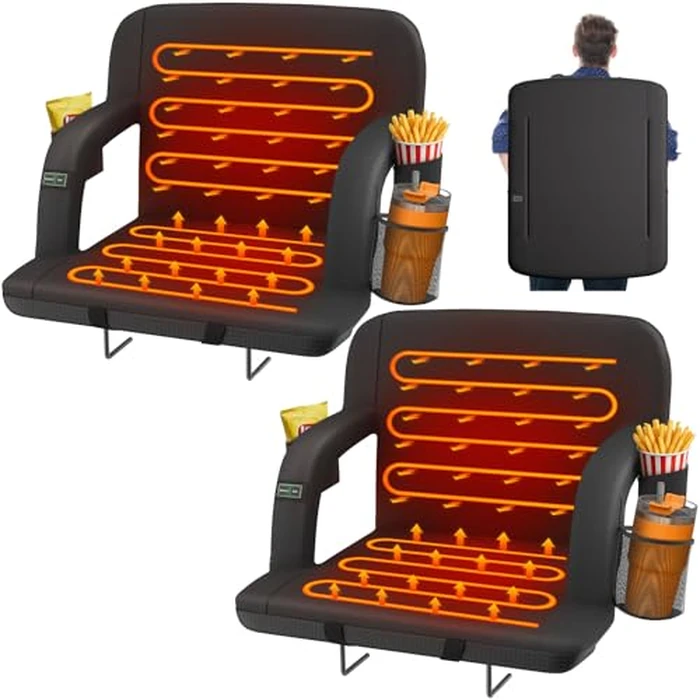 HOPERAN 23" 2pcs Dual-Sided Heated Stadium Seats for Bleachers with Back Support, 3 Levels Heating Stadium Seating for Bleachers Seat with Backrest, 5 Pockets Portable Stadium Chair for Outdoor by HOPERAN - Used - Like New condition
