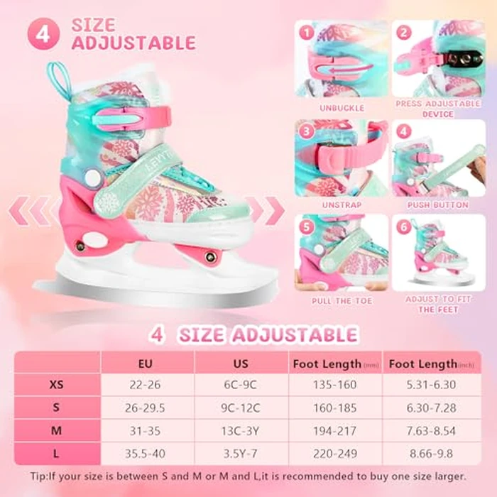 LEVYTEMP Adjustable Snowflake Ice Skates for Kids Boys Girls, Comfort Lining Ice Skating Shoes Every Winter Adventure for Beginner - Sizes Large Ages 8-12,Green & Pink by LEVYTEMP - Image 6