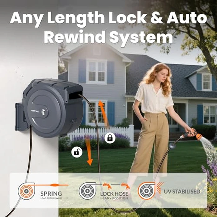 Giraffe Tools AW30 Wall Mounted 1/2" x 100 ft Garden Hose Reel, Retractable Water Hose Reel, Automatic Rewind & Lock at Any Length by Giraffe Tools - Image 3