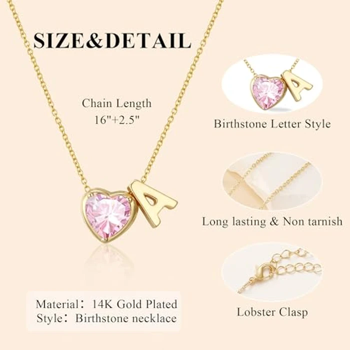 Esrial Heart Birthstone Initial Necklace for Women Girls,14K Gold Plated Heart Letter A-Z Necklace Dainty Birthday Trendy Jewelry Gifts for Women Girls Daughter(October,Initial Q) by Esrial - Image 5