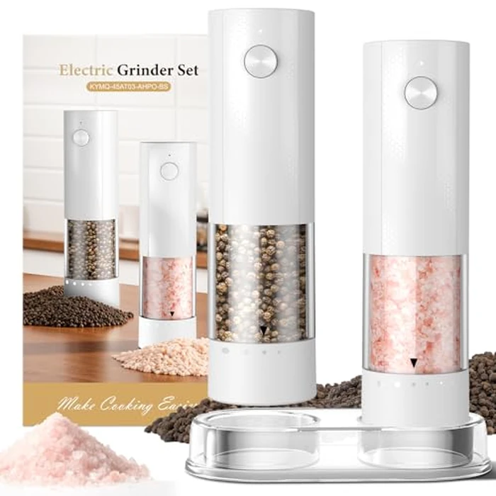 Electric Salt and Pepper Grinder Set - Rechargeable Automatic Salt and Pepper Shakers, Kitchen Appliances with External Adjustable Coarseness, Larger Hopper for Cooking, Home Gifts(2 Pack,White/White) by Gaivis - Used - Like New condition