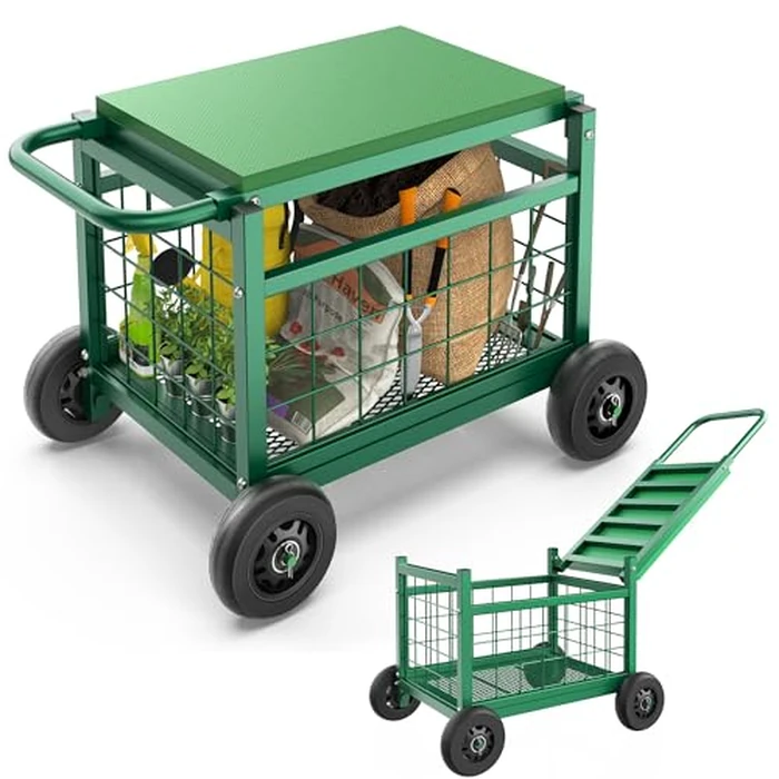 FLINTER Rolling Garden Work Seat with Wheels, Upgraded Heavy Duty Gardenning Cart with Seat - Garden Rolling Stools with Wheels for Seniors, Lawn, Patio & Backyard Gardening, Green by FLINTER - Used - Like New condition - US$51.19