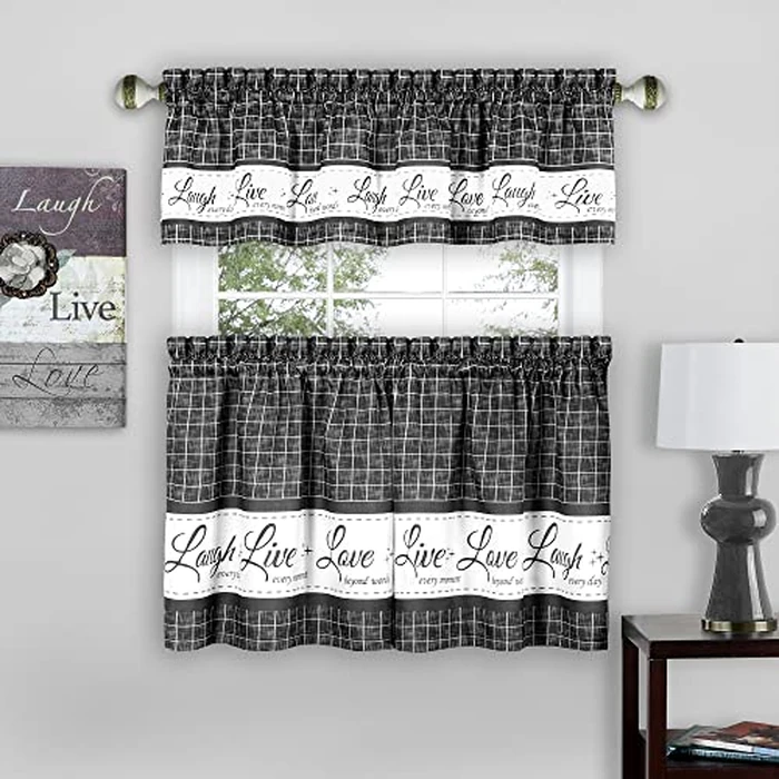 Tier and Valance Window Curtain Set - 58 Inch Width, 36 Inch Length - Live, Love, Laugh (Charcoal) - Light Filtering Drapes for Kitchen, Bedroom, Living & Dining Room by Achim Home Decor by ACHIM - Image 1
