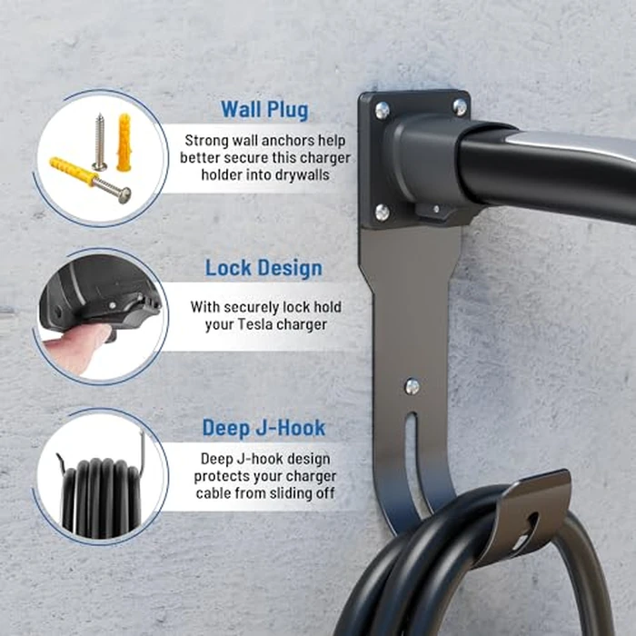 MECMO for Tesla Charger Holder - Wall Mount Dock & J-Hook for Model 3/Y/X/S, Heavy Duty Steel EV Charging Cord Hanger Compatible with NACS Connector by MECMO - Image 3