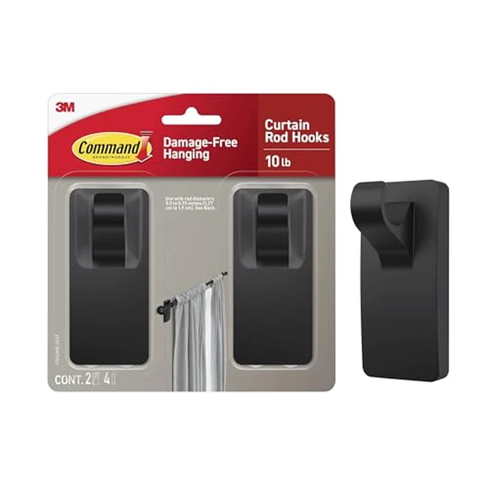 Command 10 lb Matte Black Curtain Rod Hooks, 2 Hooks and 4 Strips, No Drilling Home Decor and Room Decor, Use with Rod Diameters 0.5-0.75" by Command - Used - Acceptable condition - US$13.05