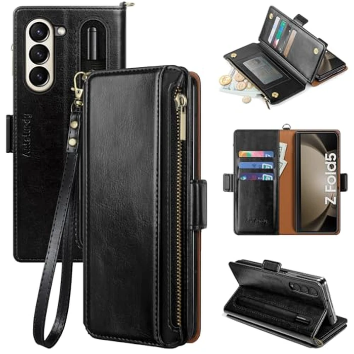 Antsturdy Compatible with Samsung Galaxy Z Fold 5 Case Wallet Women with【S Pen Holder】 Phone Case with Card Holder Strap PU Leather RFID Blocking Flip Protective Cover Credit Slots Men,Black by Antsturdy - Image 1