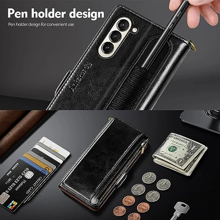 Antsturdy Compatible with Samsung Galaxy Z Fold 5 Case Wallet Women with【S Pen Holder】 Phone Case with Card Holder Strap PU Leather RFID Blocking Flip Protective Cover Credit Slots Men,Black by Antsturdy - Image 3