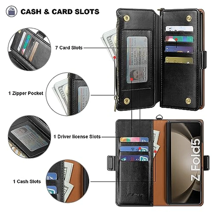 Antsturdy Compatible with Samsung Galaxy Z Fold 5 Case Wallet Women with【S Pen Holder】 Phone Case with Card Holder Strap PU Leather RFID Blocking Flip Protective Cover Credit Slots Men,Black by Antsturdy - Image 6