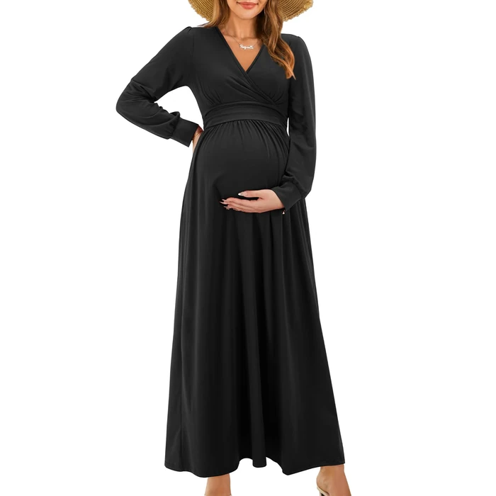 OUGES Fall Maternity Maxi Dresses Long Sleeve Wrap V Neck Baby Shower Dress Maternity Clothes 2025(Black,S) by OUGES - Used - Like New condition