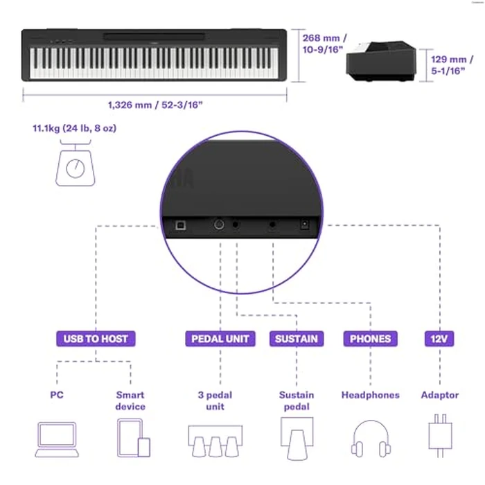 Yamaha 88-Key Digital Piano with Weighted Keys, Compact Design, Bluetooth, Keyboard, Music Rest, Sustain Foot Switch, and Built-in Speakers for Home Practice or Travel P145BT by Yamaha - Image 8
