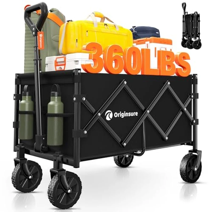 Originsure Collapsible Wagon Cart Foldable - Portable Heavy Duty Folding Beach Wagons with Wheels - Outdoor Utility Carts for Groceries, Shopping, Camping, Sports, Garden with Large Capacity - Black by Originsure - Used - Like New condition - US$29.99