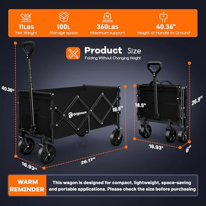 Originsure Collapsible Wagon Cart Foldable - Portable Heavy Duty Folding Beach Wagons with Wheels - Outdoor Utility Carts for Groceries, Shopping, Camping, Sports, Garden with Large Capacity - Black by Originsure - Image 3