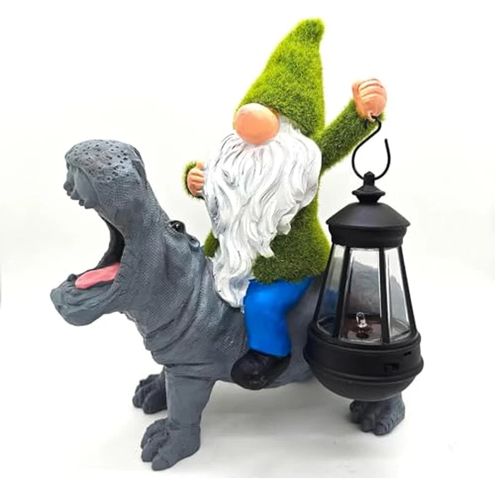 MONMOB 11.8" Gnome Riding Hippo Solar Statue Gnome Solar Statues with Solar Lantern Hippo Solar Lights for Outdoor Decor Patio Balcony Yard Lawn Unique House Warming Gift by MONMOB - Used - Like New condition